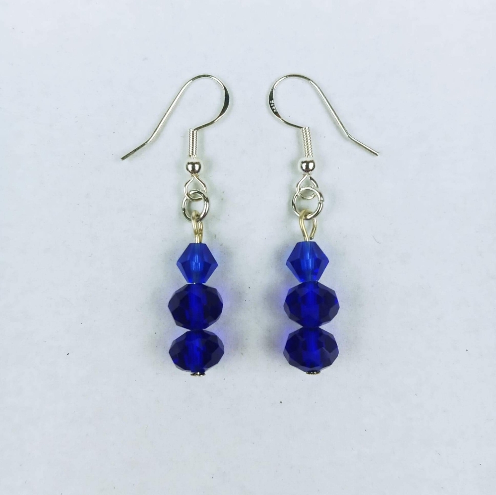 Simple two tone blue faceted glass tiered dangle earrings - Picture 1 of 3